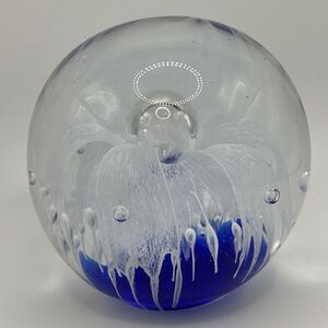 Pier 1 Art Glass Cobalt Blue Clear Paperweight White Flower Controlled Bubbles